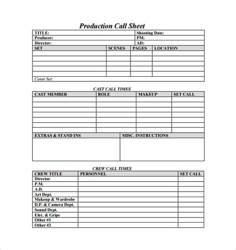 Low Budget Production Call Sheet