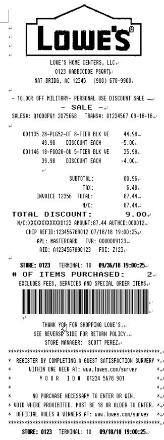 Lowe's Receipt Example 5