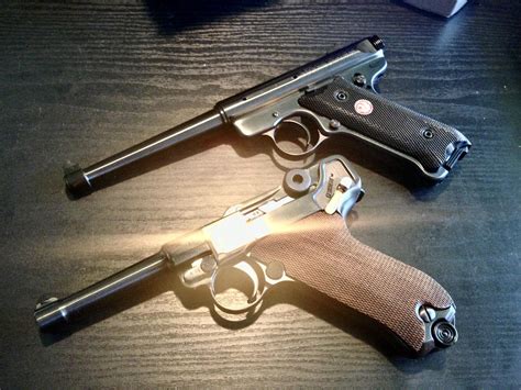 Luger and Ruger handguns side by side