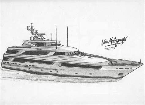 A drawing of a luxury yacht with a swimming pool and deck