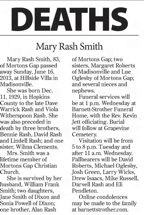 Madisonville Messenger Obituaries