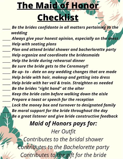 Maid of Honor Checklist