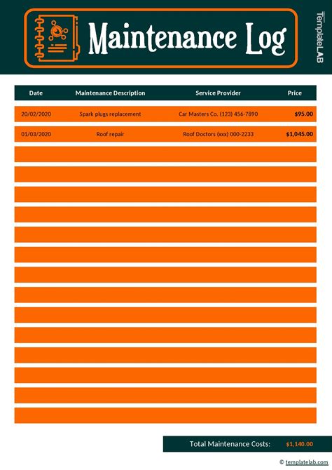 Maintenance Log Template Example