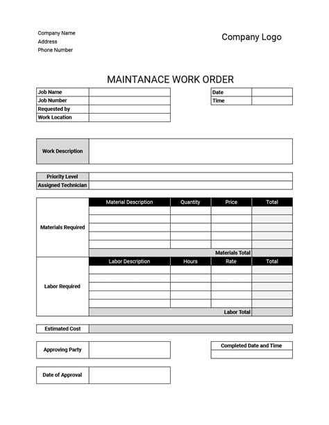 Maintenance Work Order Template Excel