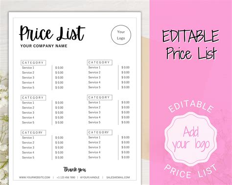 Makeup price list template printable