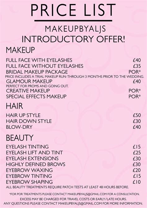 Makeup services price list template