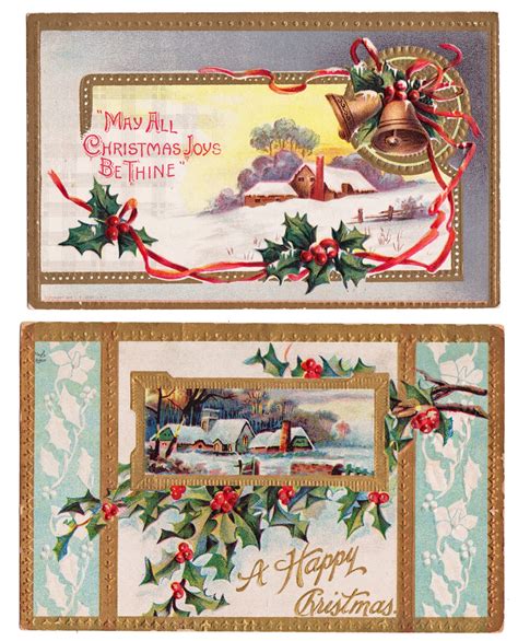 A person creating their own vintage-style Christmas postcard using craft supplies