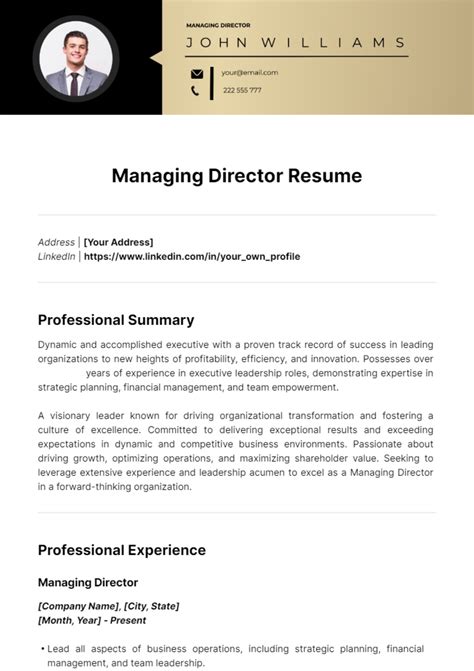 Managing Director CV Template Sections