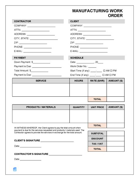 Manufacturing Work Order Template