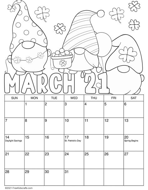 March calendar coloring pages