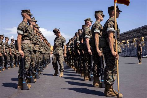 A group of Marine recruits standing at attention