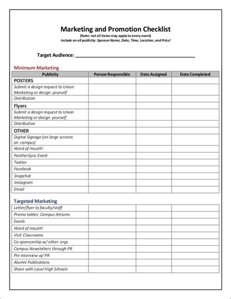 Marketing and Promotion Checklist Template