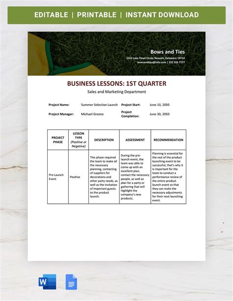 Marketing Lessons Learned Template