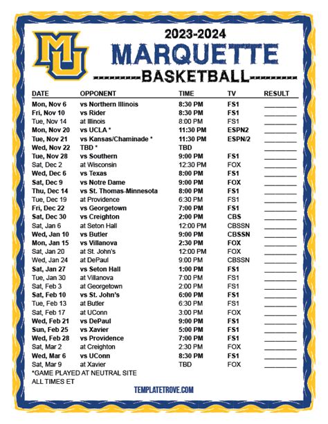 Marquette Basketball Printable Schedule 2023-24