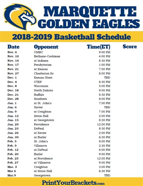 Marquette Basketball Schedule Print