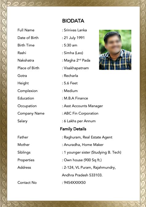 Marriage Biodata Sample Template