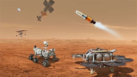 An illustration of the Mars Sample Return mission's sample collection process