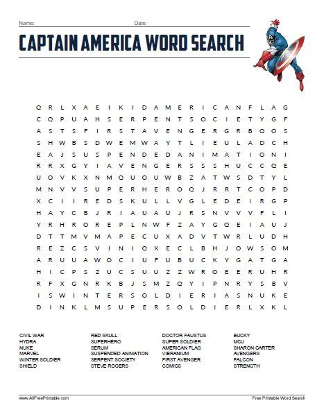 Marvel Word Search Printable Captain America