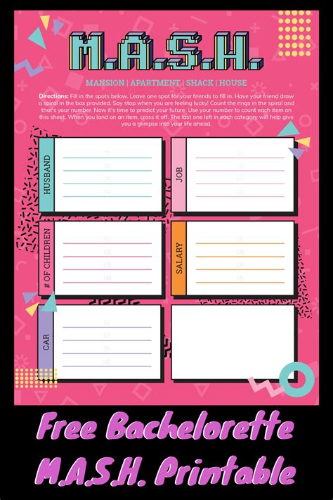 Mash Game Printable for Engagement Party