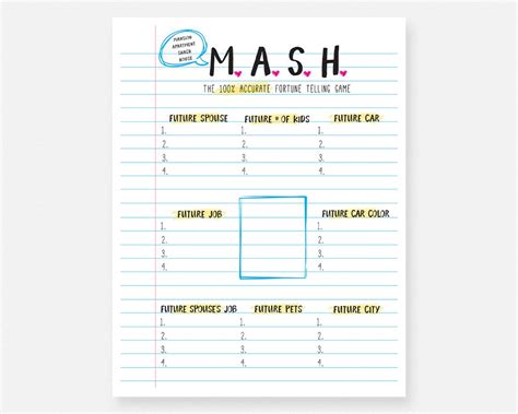 Mash Game Wedding Party Printable