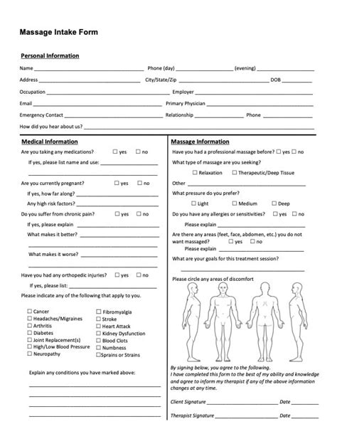 Massage therapy intake form