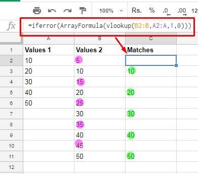 Matching columns in Google Sheets