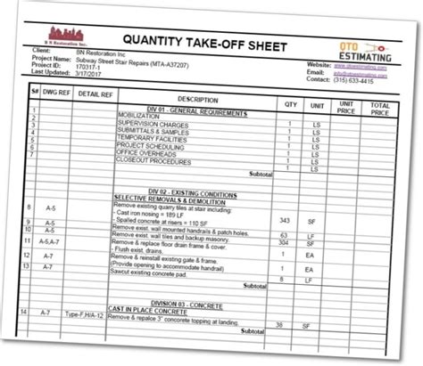 Material Take Off Sheet Template in Excel