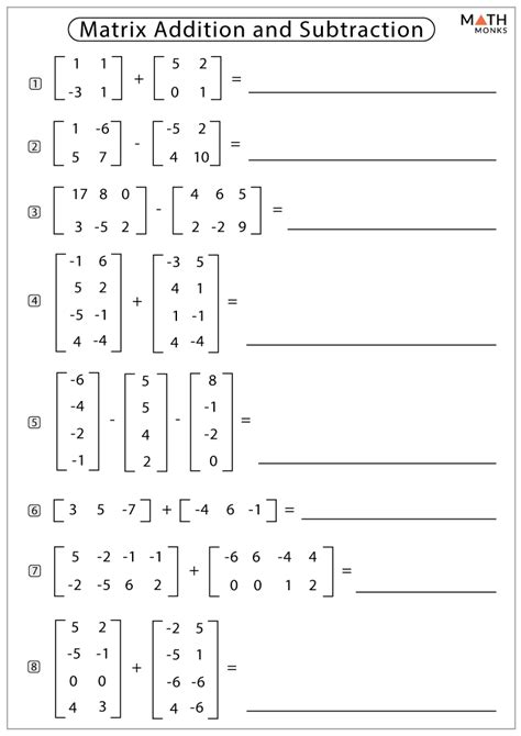 Matrix Worksheets for Addition and Subtraction