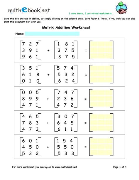 Matrix Worksheets for Addition