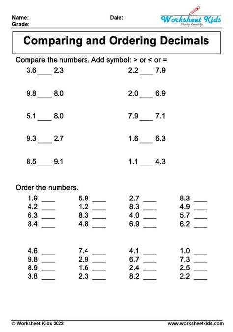 Matrix Worksheets for Decimals