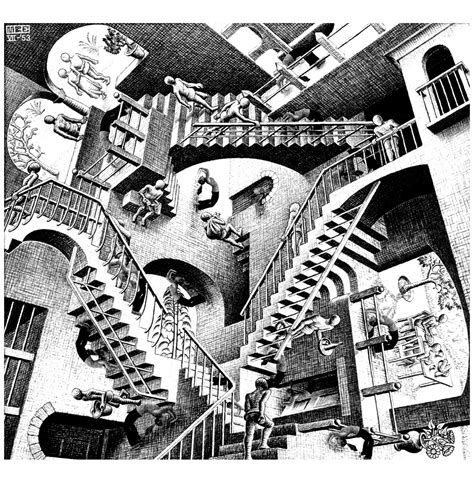 An optical illusion coloring page inspired by the works of M.C. Escher