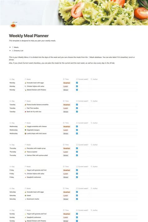 Meal Plan Template Examples Notion