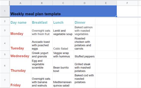 Meal Plan Template Google Sheets Example 8