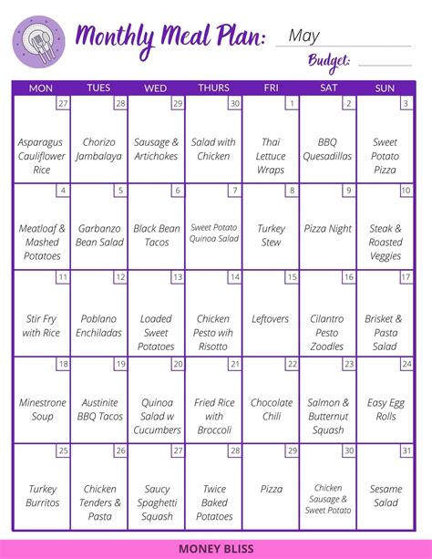 Meal planning calendar