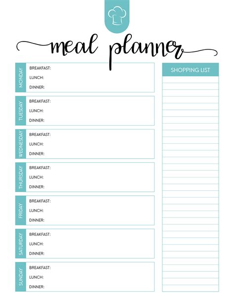 Meal planning template with grocery list