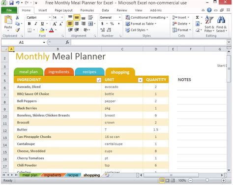 Meal Planning Template in Microsoft Excel