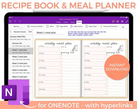 Meal planning template with recipes