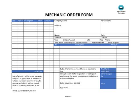 Mechanic Work Order Template in Microsoft Word