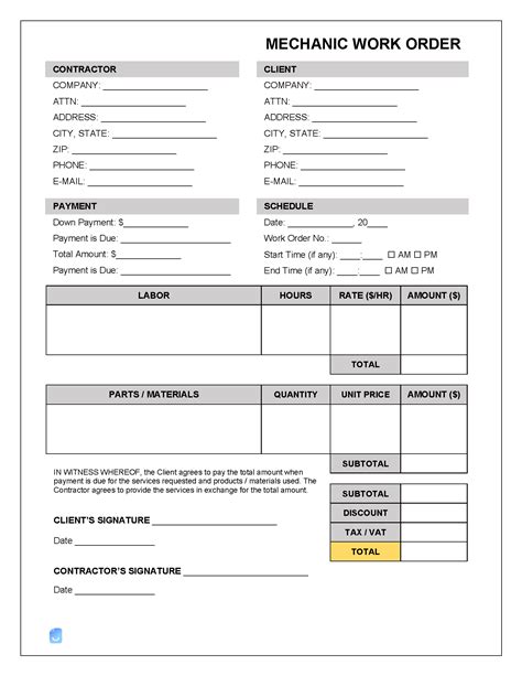 Mechanic Work Order Template Design