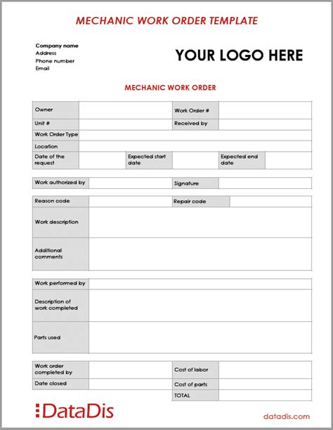 Mechanic Work Order Template Example