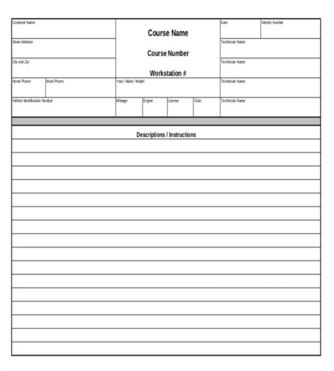 Mechanic Work Order Template Google Docs