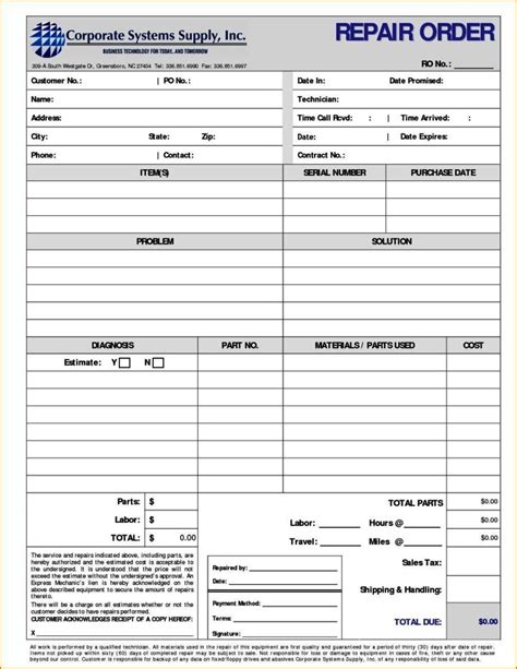 Mechanic Work Order Template Samples