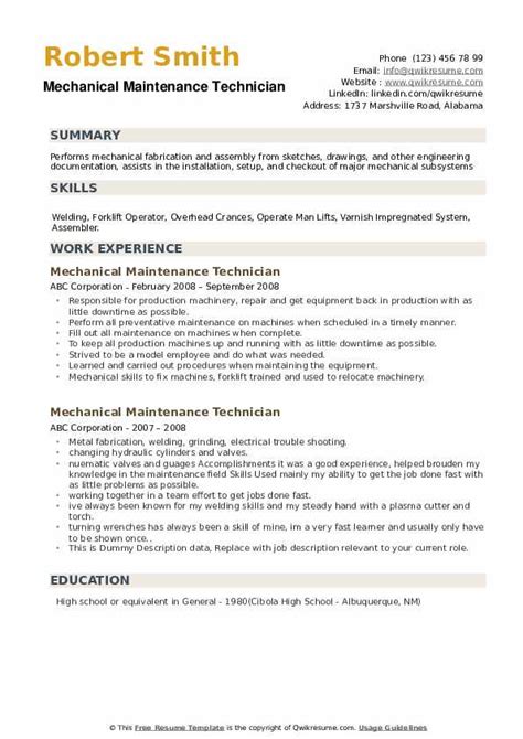 Mechanical Maintenance Resume Template