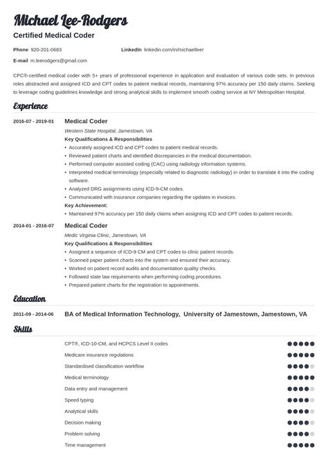 Medical Coder Resume Format Example