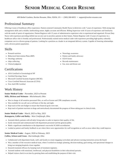 Medical Coder Resume Template Free Printable