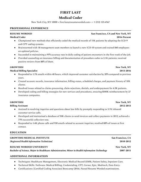 Medical Coder Work Experience Template