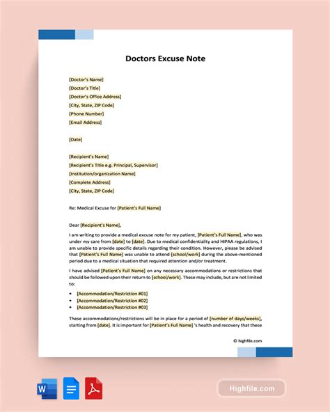 Medical Excuse Note Template Sample