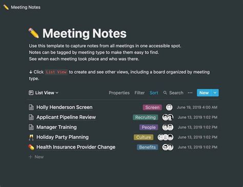 A meeting notes template for Notion