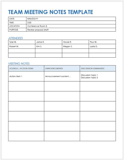 A meeting notes template in Word