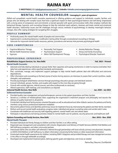 Sample of a mental health counselor resume template in PDF format